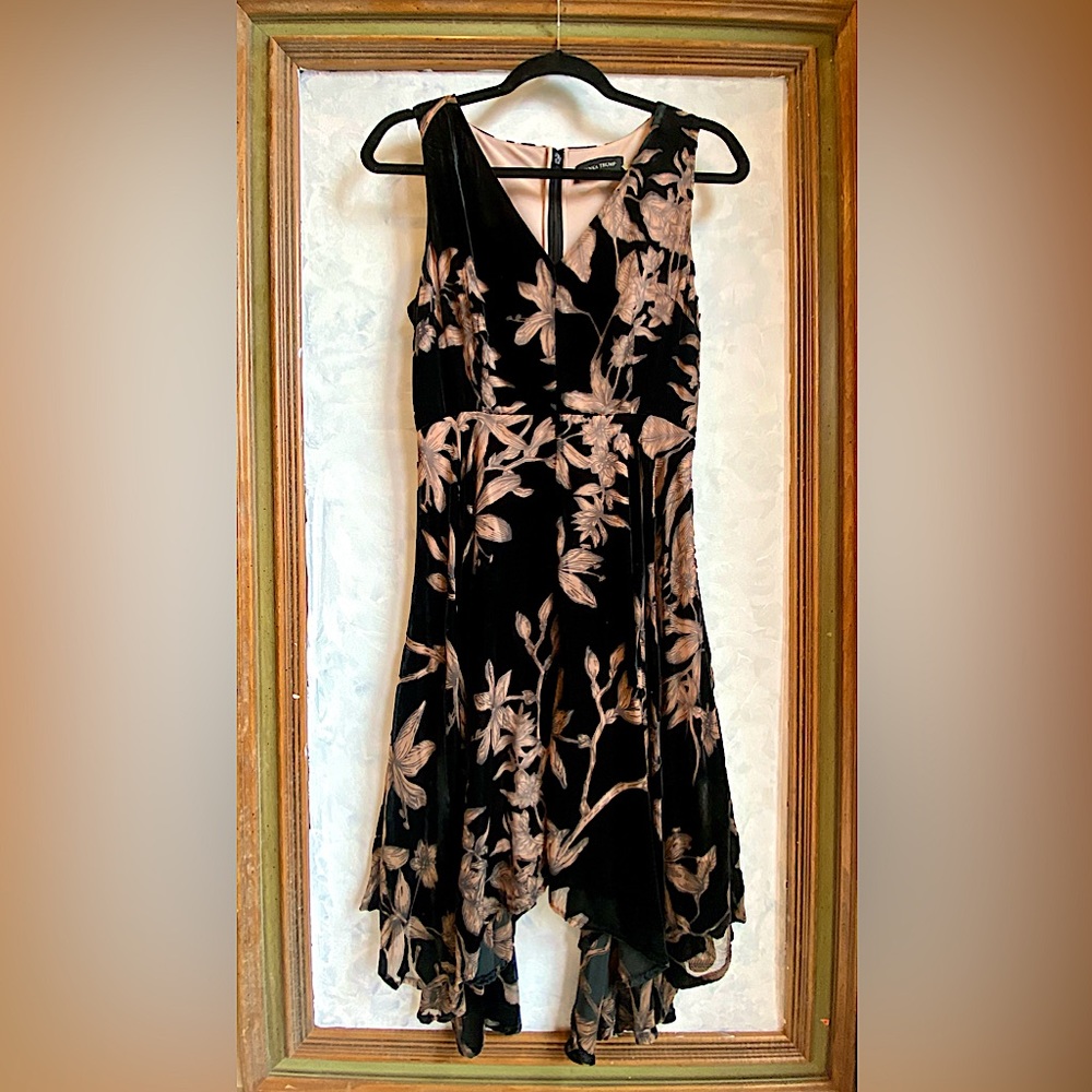 Elegant black velvet dress with blush underlay, like new and clean.